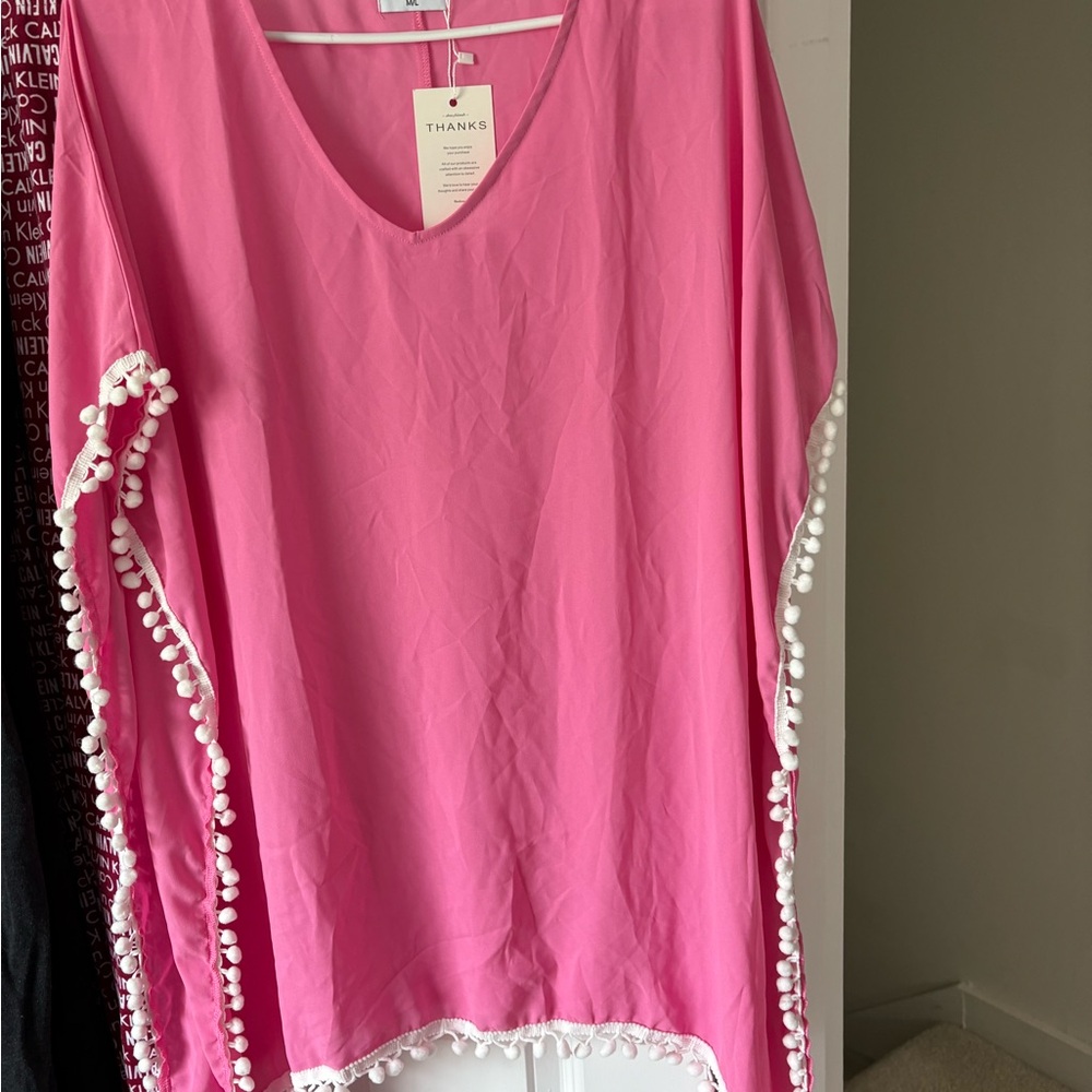 Pink Pom-Pom Trim Cover-Up
